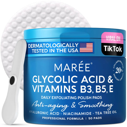 MAREE Facial Polish - Glycolic Acid Peel Pads for Face With Tea Tree Oil - Exfoliating Polish with Salicylic Acid & Vitamins E, B3, B5 - Face Pads with Skin Peeling & Deep Cleaning Effect - 50 Pads